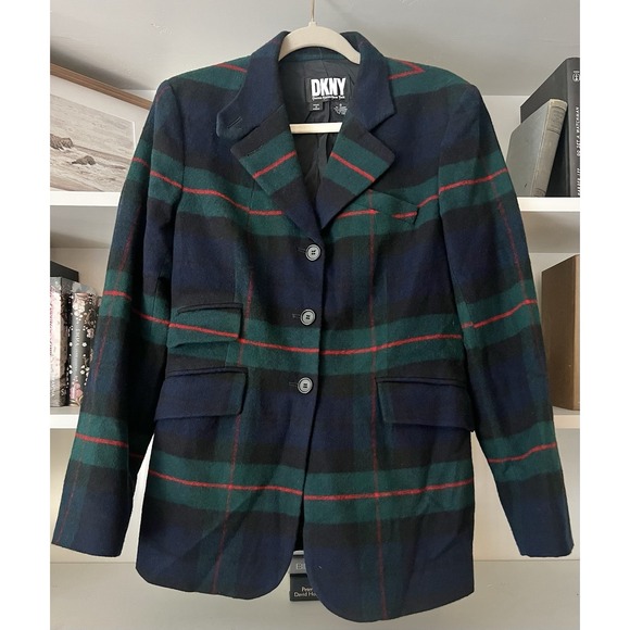 Donna Karen DKNY Plaid Lambswool Blazer Size 8 Navy Green Red Vintage - Picture 1 of 10